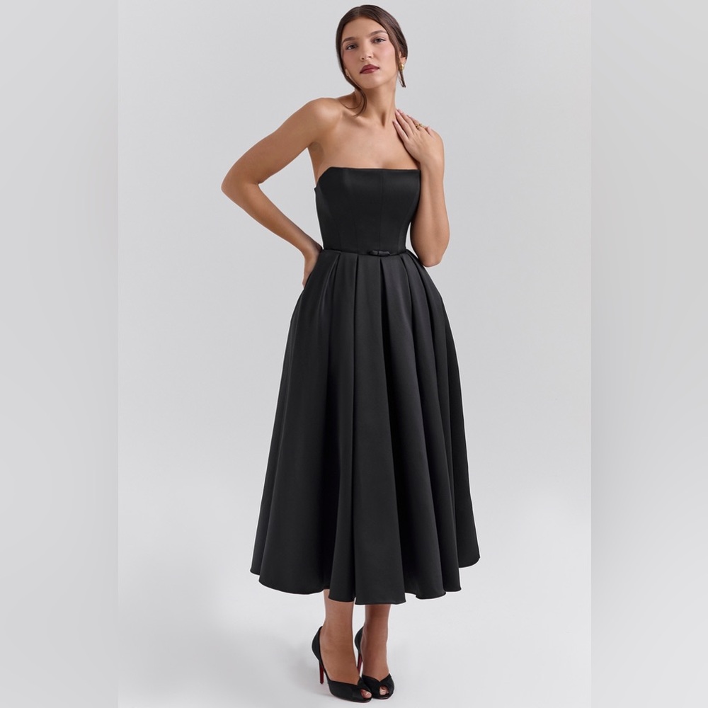 House of CB CONTESSA Black Strapless Satin Corset Midi Dress. Size XS